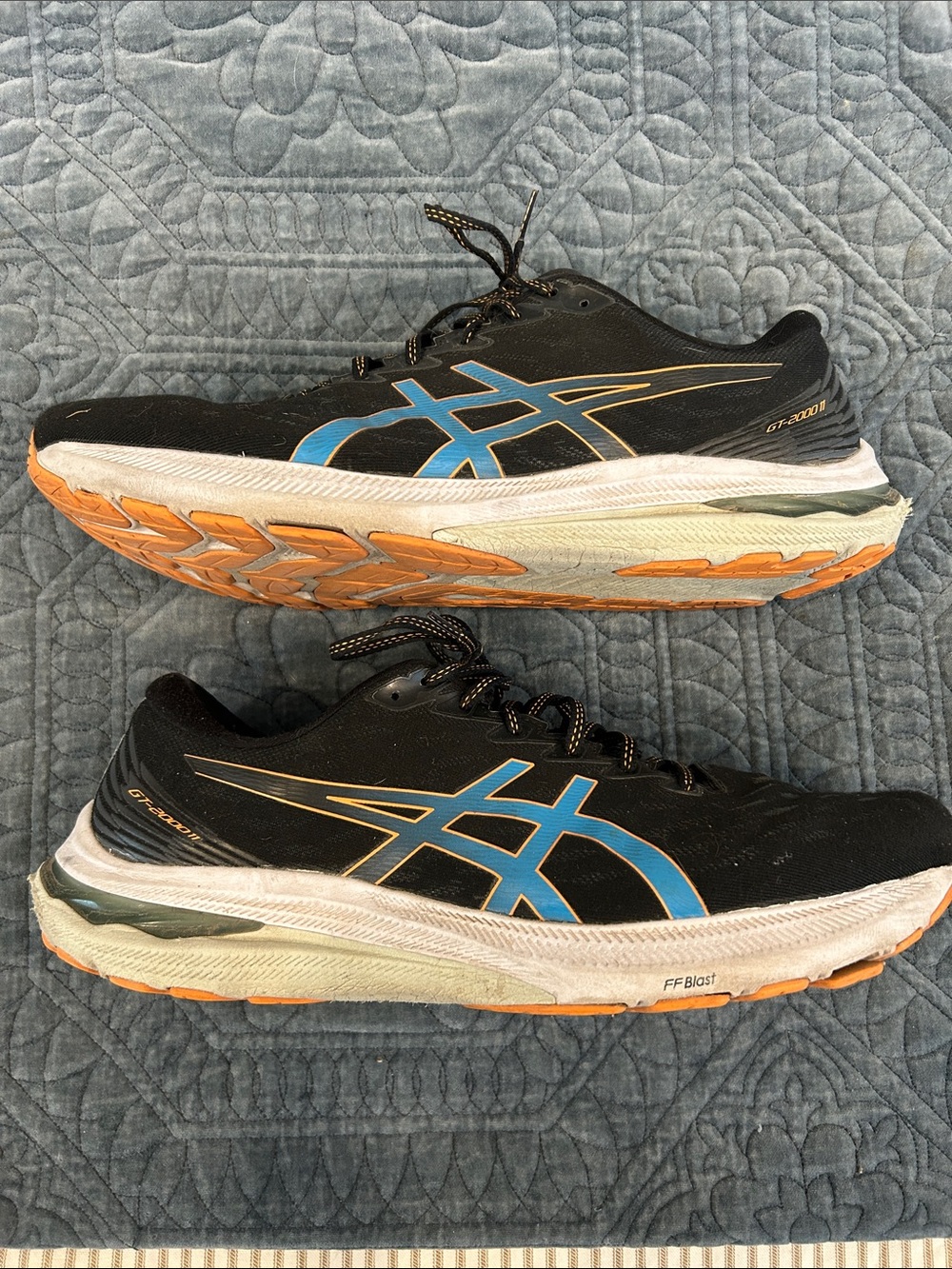 Asics Black Running Shoes with Blue Logos and Orange Soles Size 15